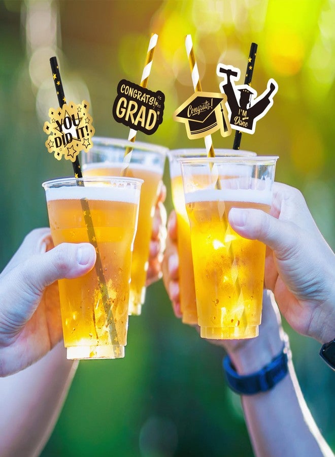 Whaline 60Pcs Graduation Paper Straws Black Gold Graduation Cap Diploma Drinking Straws Gold Foil Star Stripe Disposable Straw for Grad Decor Beverage Cocktail School Party Supplies - Image 5